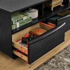 63' Mid-Century Modern TV Stand for TVs up to 75', Thick Sturdy Farmhouse Entertainment Cabinet, Media Console for Living Room, Louver Design & Solid Wood Drawers & Outlet Holes, Black