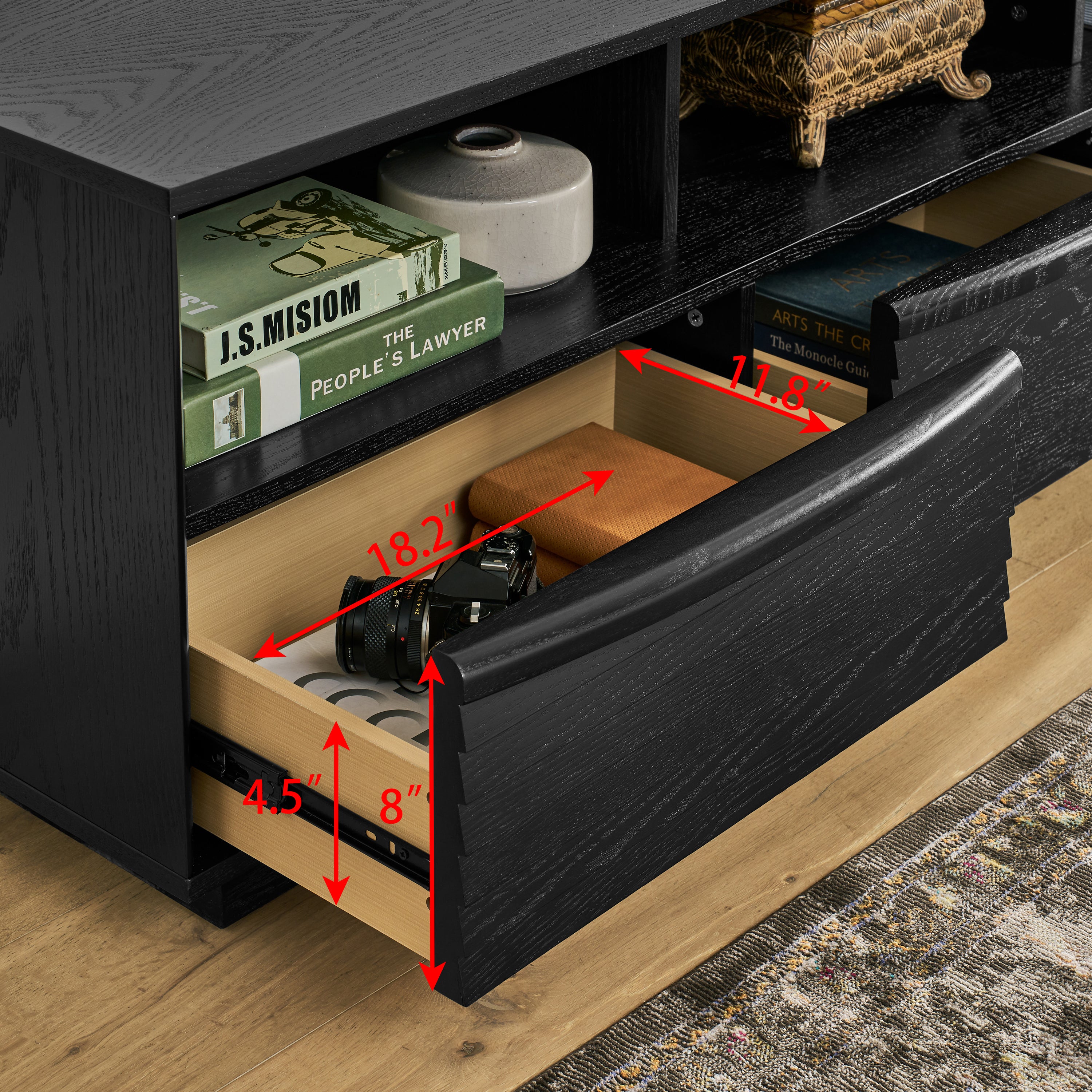 63' Mid-Century Modern TV Stand for TVs up to 75', Thick Sturdy Farmhouse Entertainment Cabinet, Media Console for Living Room, Louver Design & Solid Wood Drawers & Outlet Holes, Black