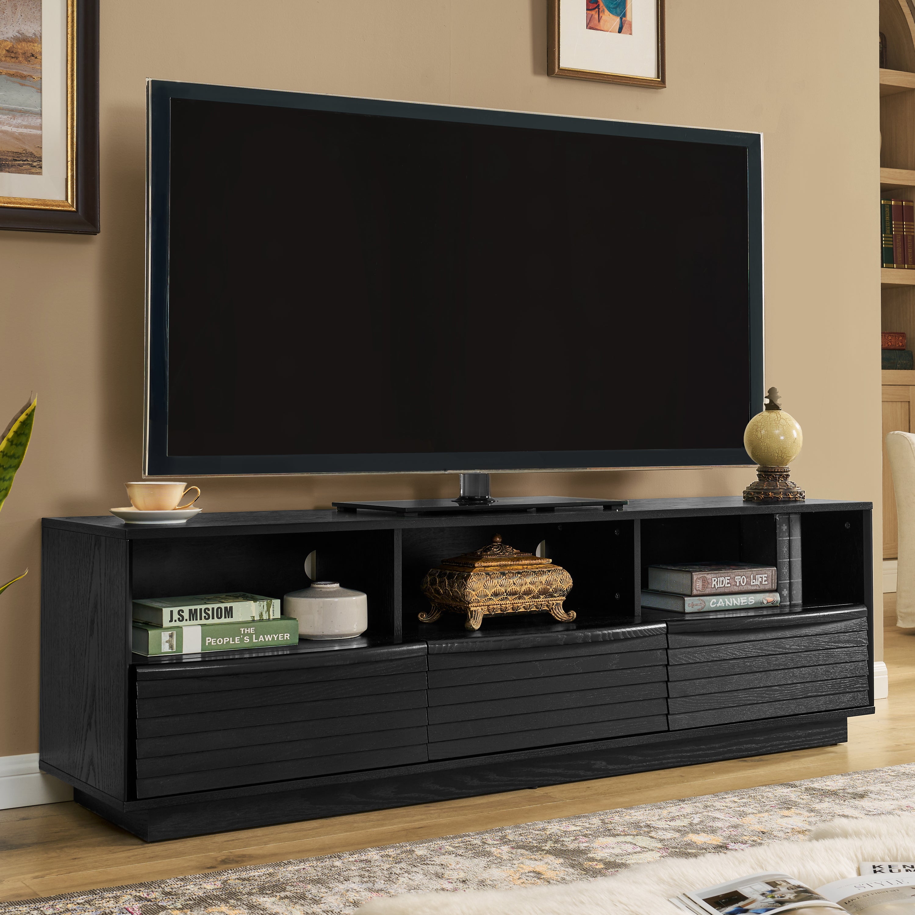 63' Mid-Century Modern TV Stand for TVs up to 75', Thick Sturdy Farmhouse Entertainment Cabinet, Media Console for Living Room, Louver Design & Solid Wood Drawers & Outlet Holes, Black