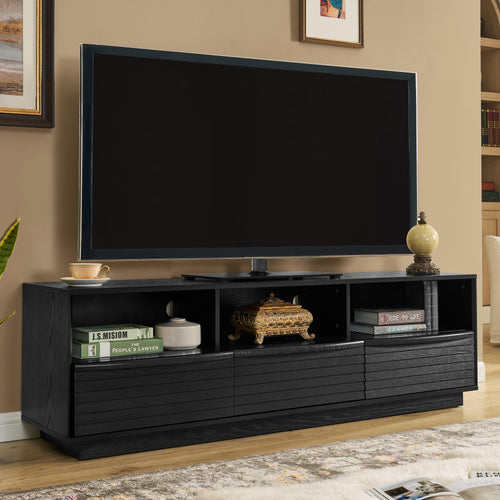 63' Mid-Century Modern TV Stand for TVs up to 75', Thick Sturdy Farmhouse Entertainment Cabinet, Media Console for Living Room, Louver Design & Solid Wood Drawers & Outlet Holes, Black