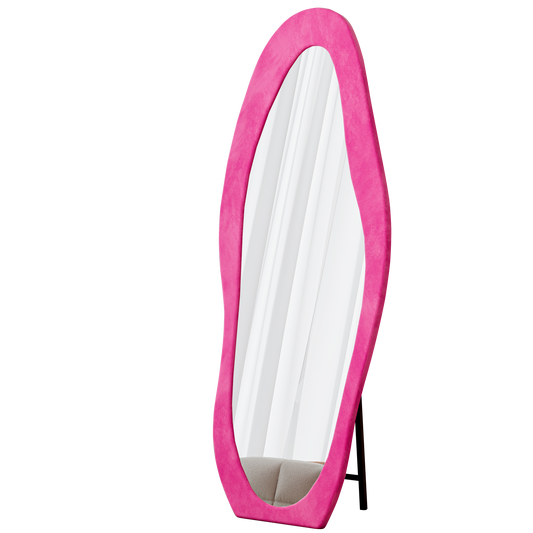 Full Length Mirror, 63' x 24' Floor Mirror/ Wall Mirror, Flannel Wrapped Wooden Frame Floor Mirror, Irregular Wavy Mirror Standing/Halling Large Wall Mirror for Bedroom,Living Room, Dressing Room Pink