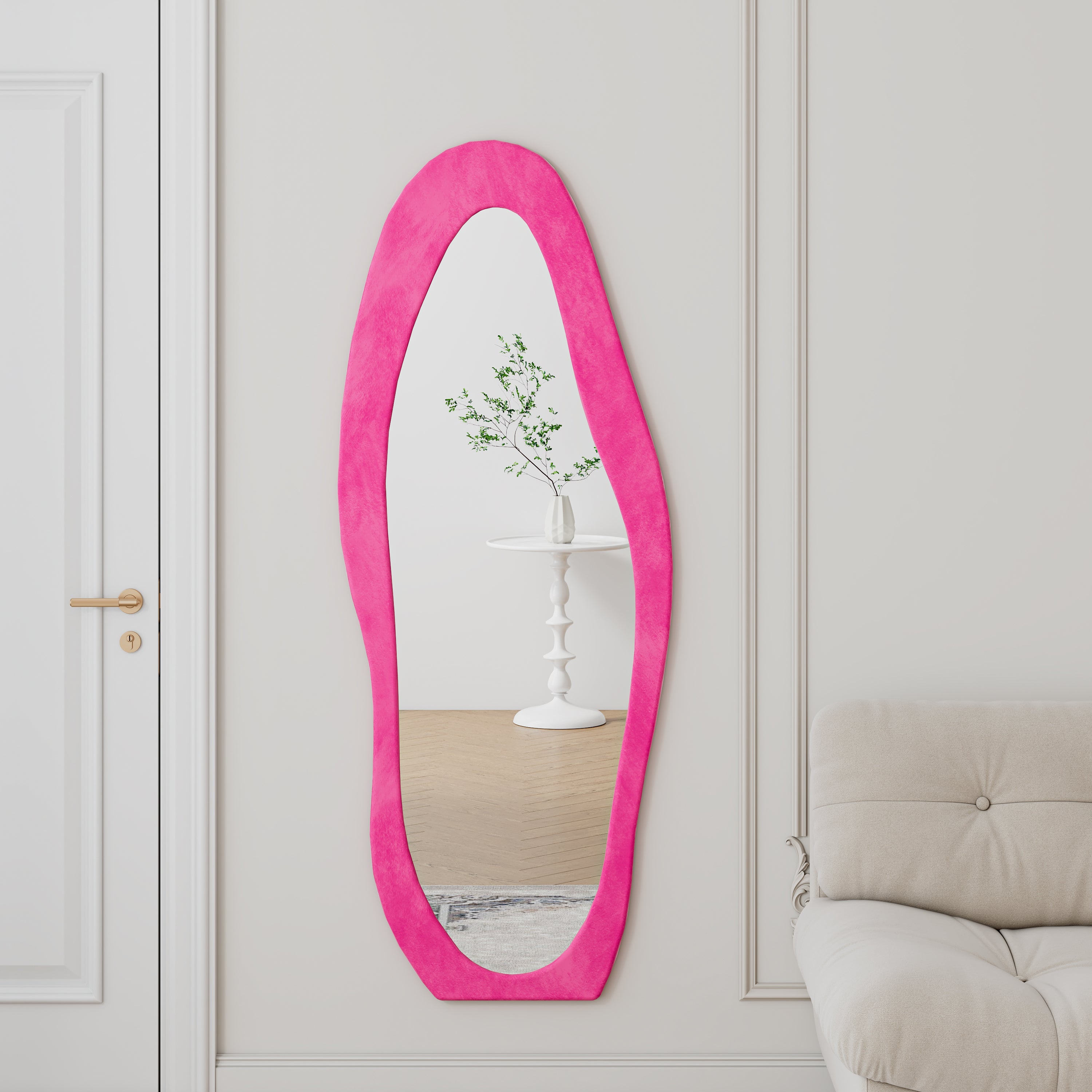 Full Length Mirror, 63' x 24' Floor Mirror/ Wall Mirror, Flannel Wrapped Wooden Frame Floor Mirror, Irregular Wavy Mirror Standing/Halling Large Wall Mirror for Bedroom,Living Room, Dressing Room Pink