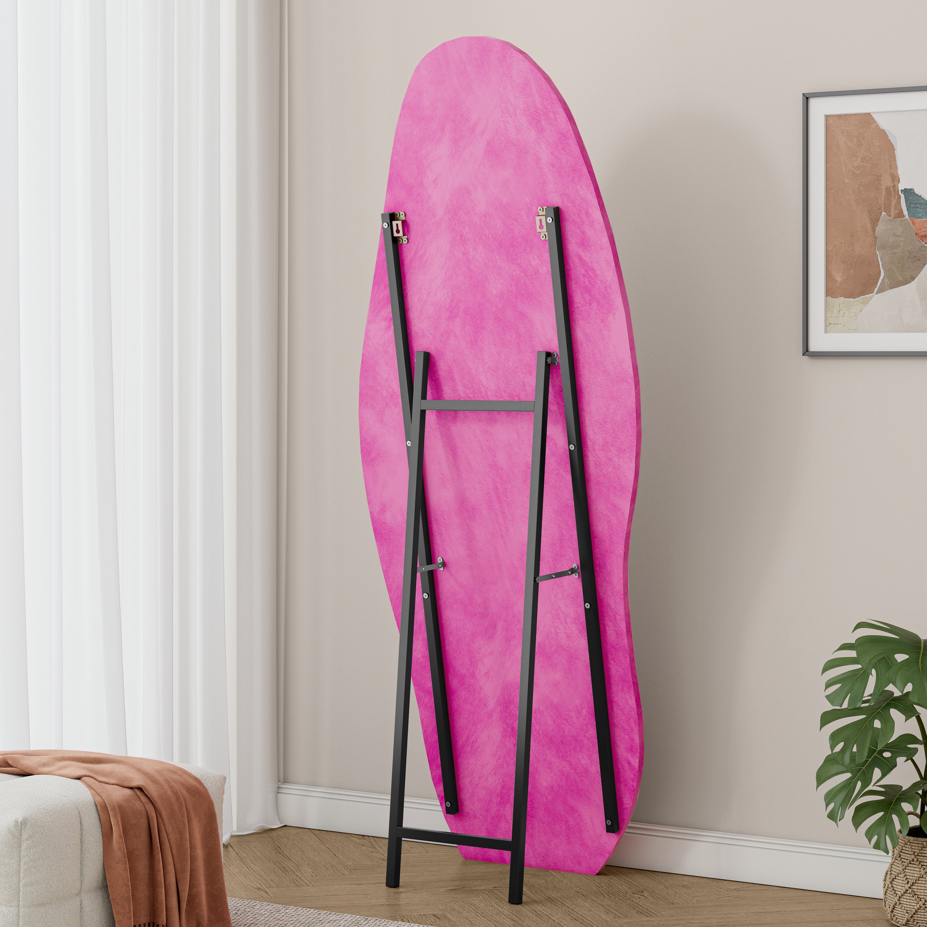 Full Length Mirror, 63' x 24' Floor Mirror/ Wall Mirror, Flannel Wrapped Wooden Frame Floor Mirror, Irregular Wavy Mirror Standing/Halling Large Wall Mirror for Bedroom,Living Room, Dressing Room Pink