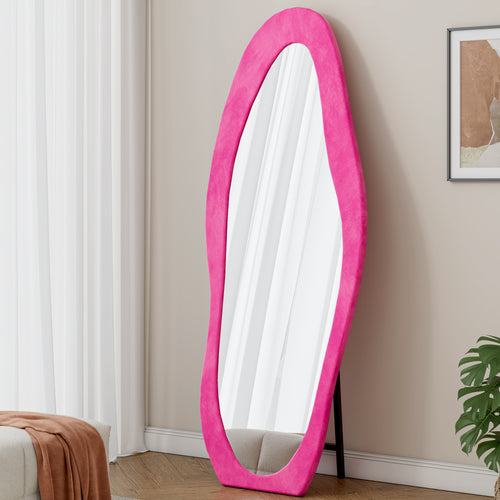 Full Length Mirror, 63' x 24' Floor Mirror/ Wall Mirror, Flannel Wrapped Wooden Frame Floor Mirror, Irregular Wavy Mirror Standing/Halling Large Wall Mirror for Bedroom,Living Room, Dressing Room Pink