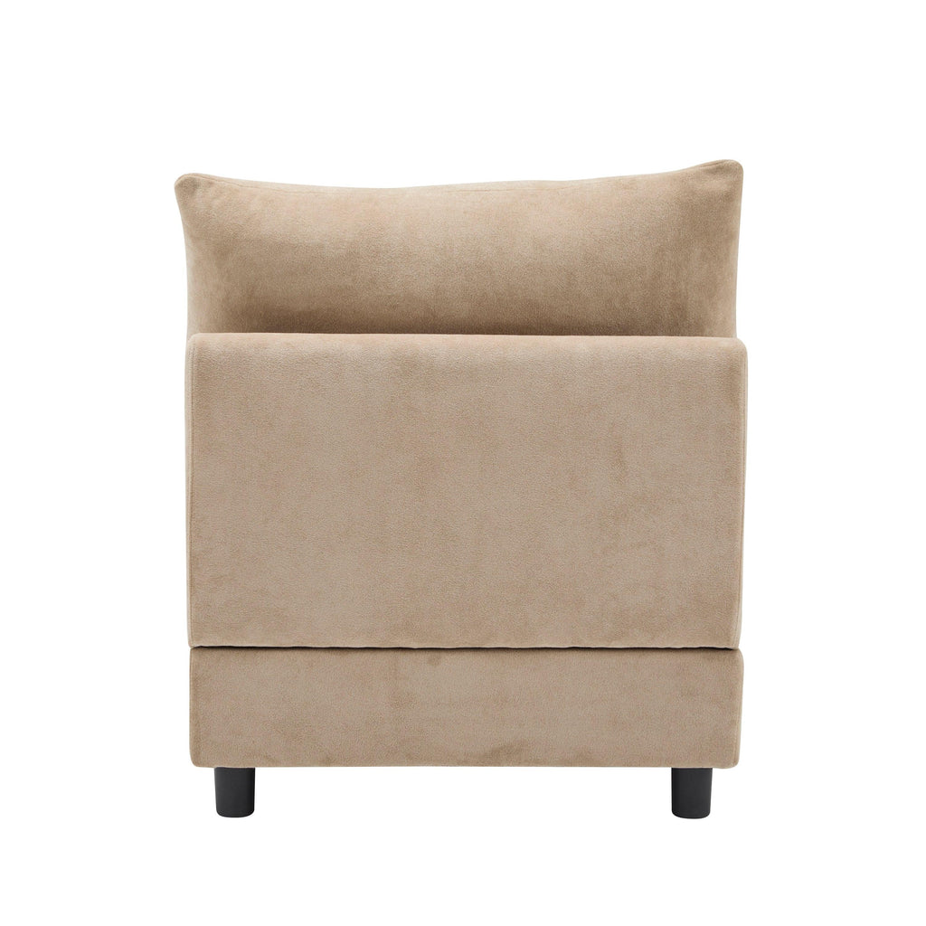 Side profile of armless beige velvet modular sofa unit, part of 5-piece L shaped sectional, showing clean lines and soft upholstery.