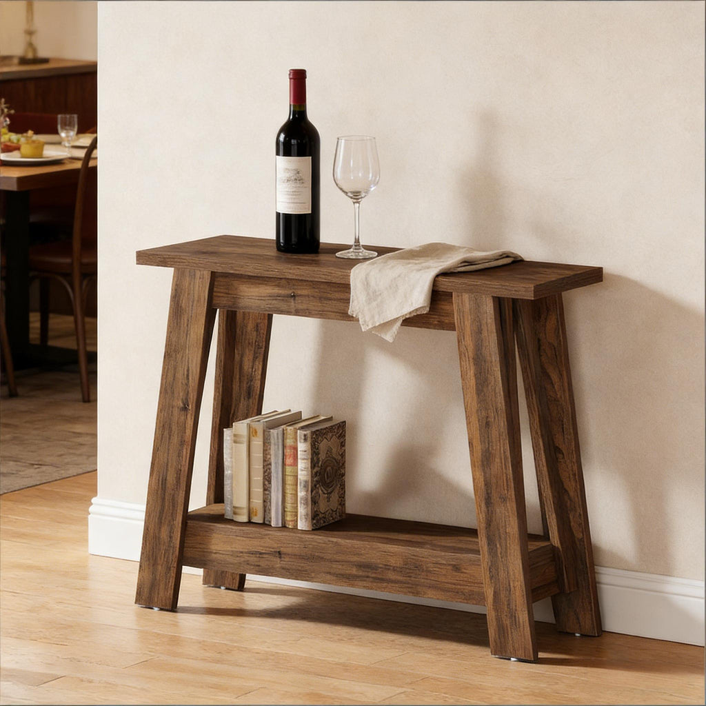 Rustic dark wood 2-tier console table with a narrow design, slanted legs, and a bottom shelf for books.