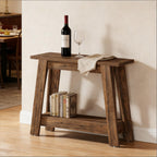 Rustic dark wood 2-tier console table with a narrow design, slanted legs, and a bottom shelf for books.