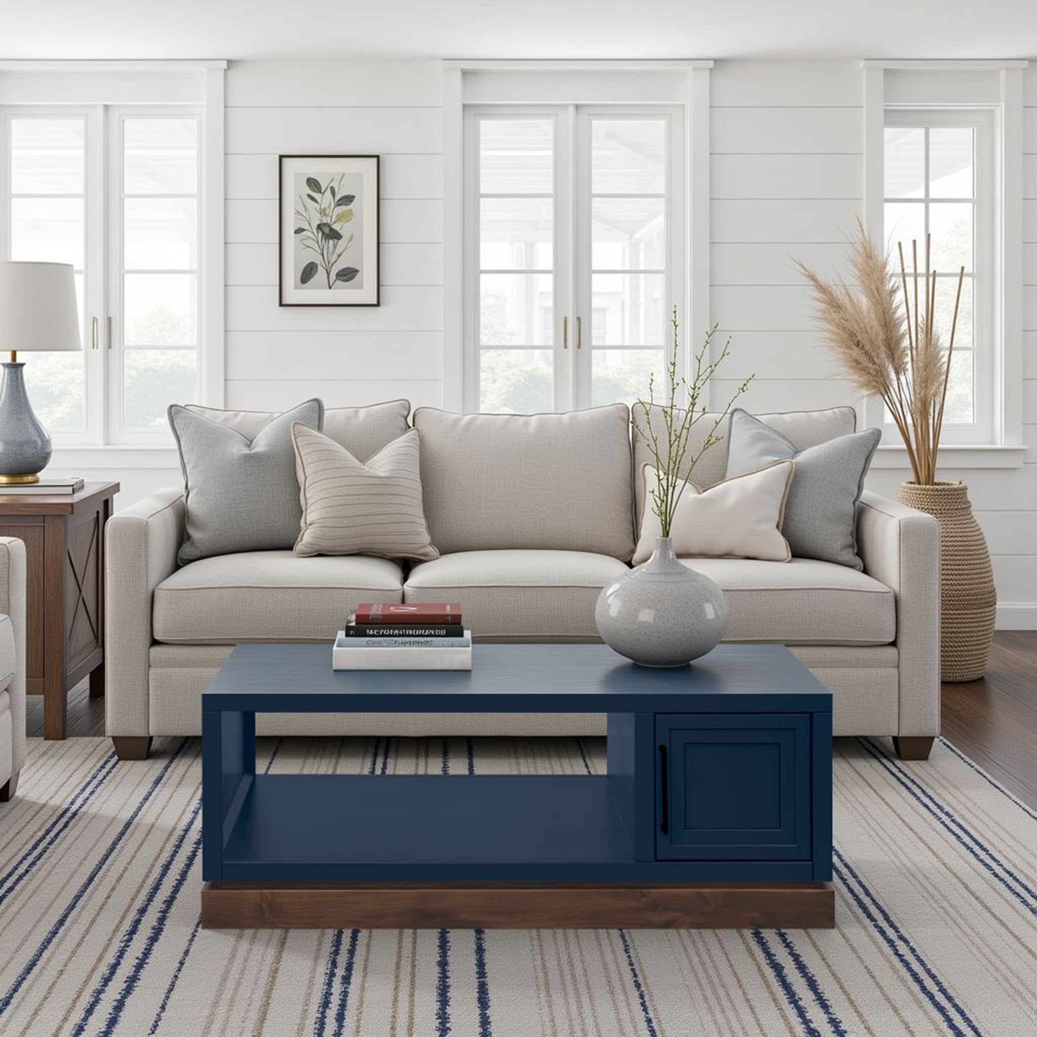 Nora Coffee Table 48 inch styled in a bright coastal living room. Features Blue Denim and Whiskey Finish with a storage door and open shelf.