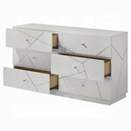 Modern White Dresser with 6 Drawers and Embossed Lines.