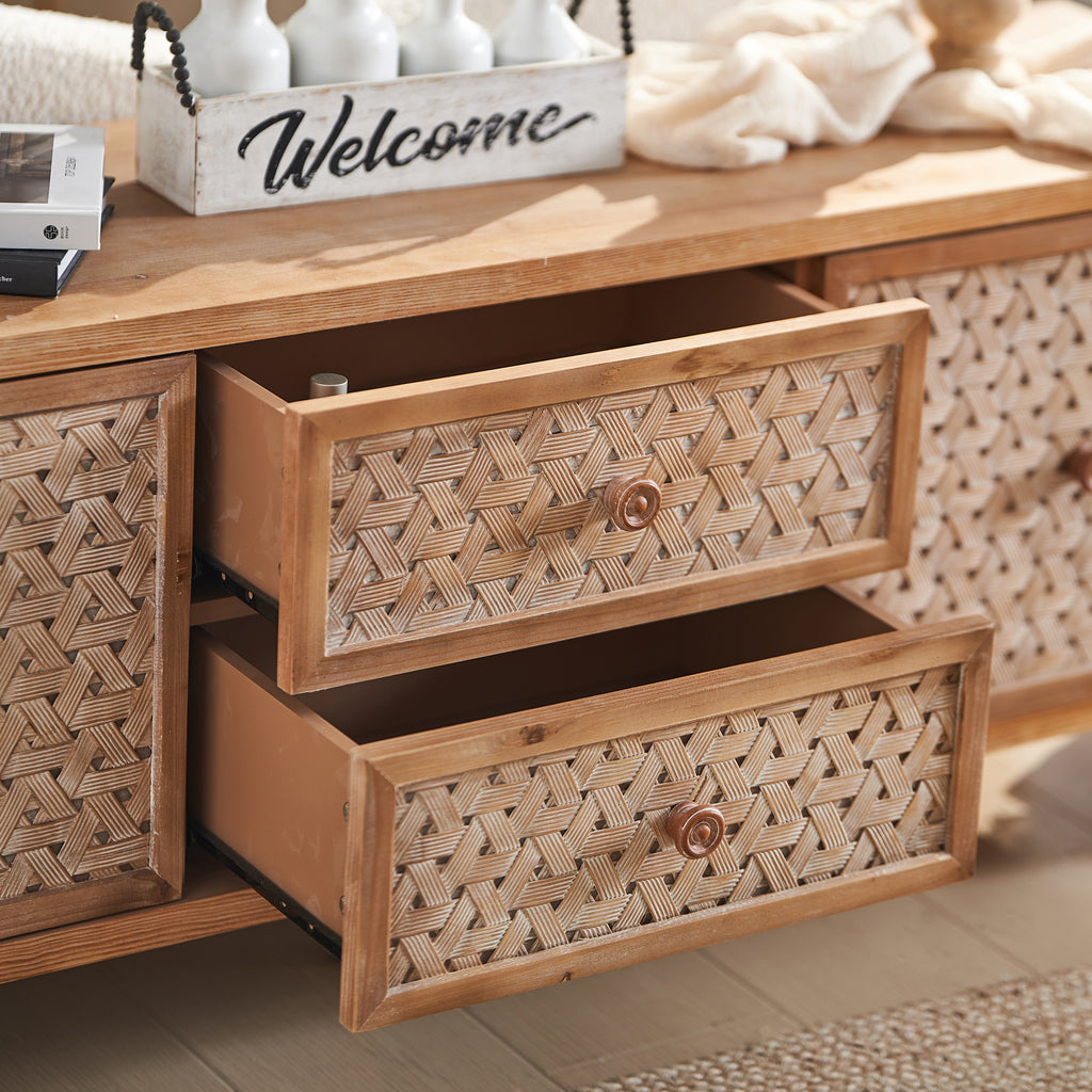 Two open drawers of the Rattan TV Stand Mid Century with Storage, revealing ample space for media or living room essentials.
