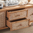Two open drawers of the Rattan TV Stand Mid Century with Storage, revealing ample space for media or living room essentials.