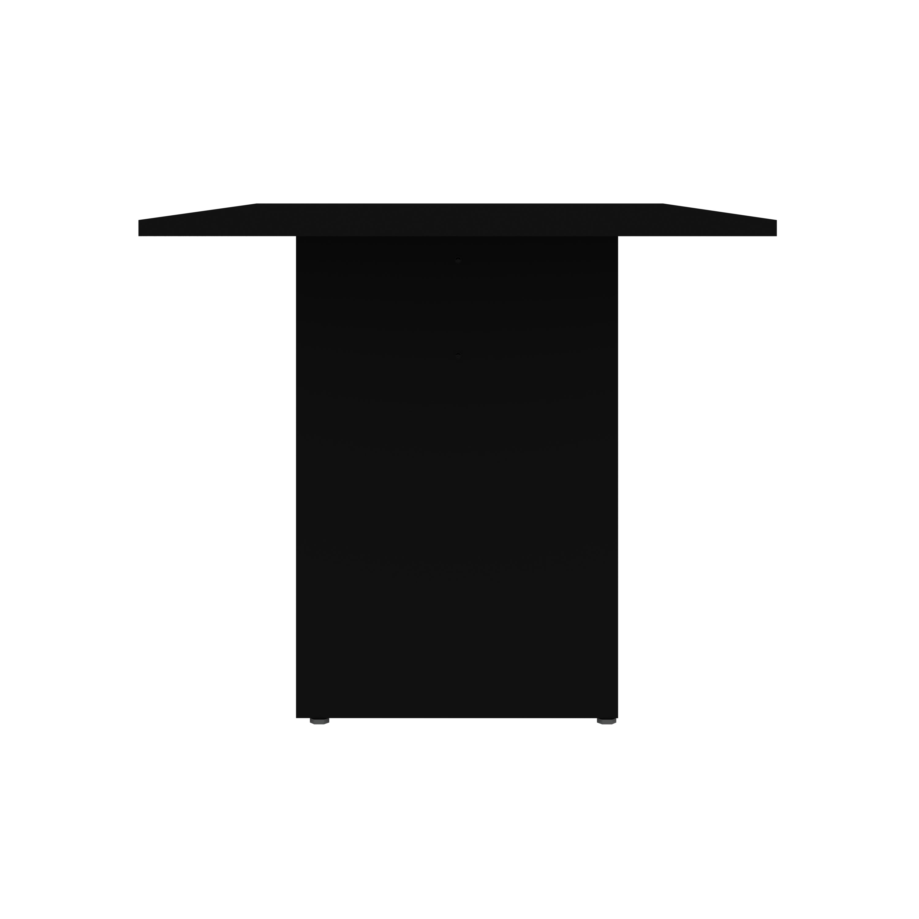 Side view of black dining table with solid panel legs. Durable MDF build with Protouch finish for a sleek, modern look.