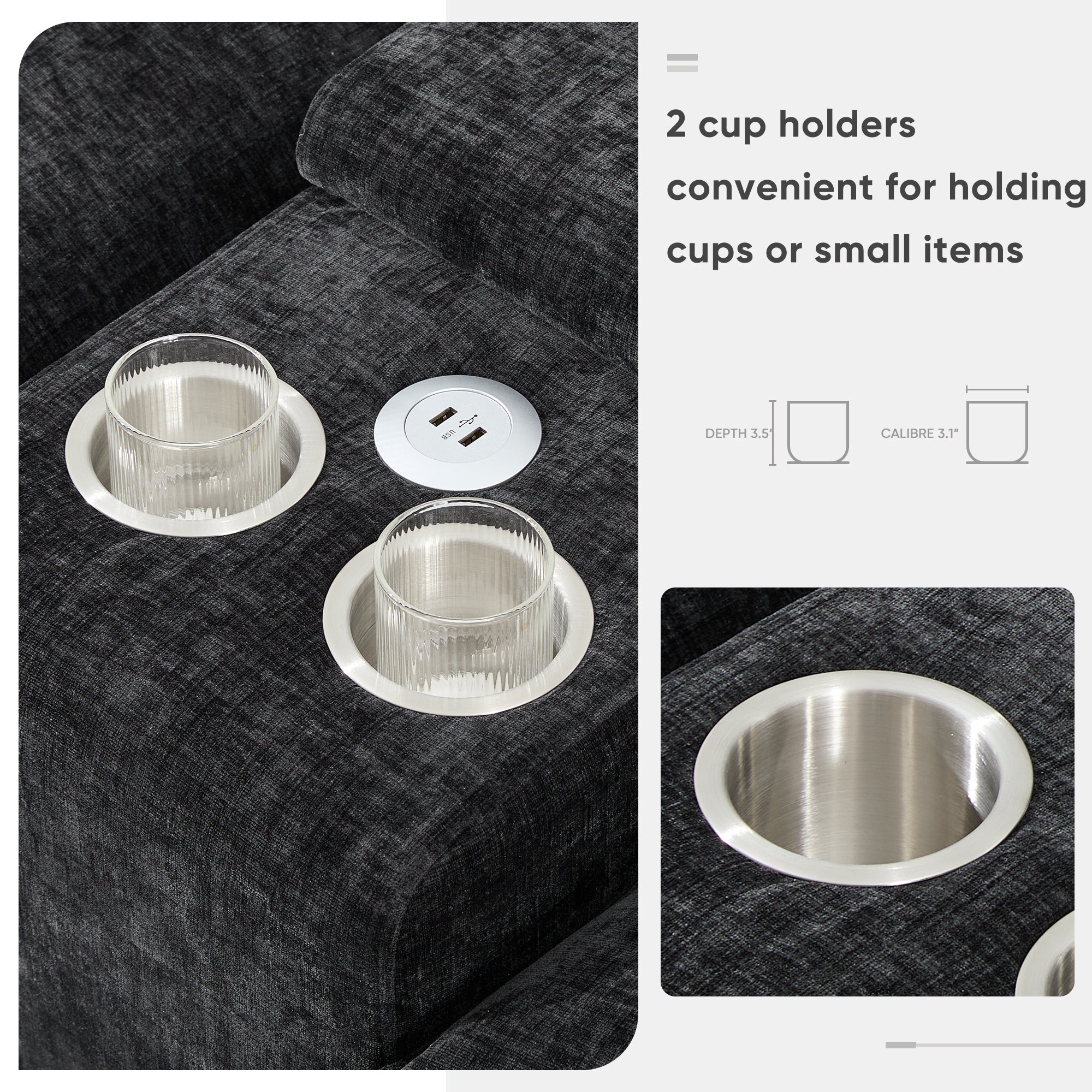 Built-in cup holders on Modern U-Shaped Sectional Sofa with Console & USB offer convenience for drinks or small items.