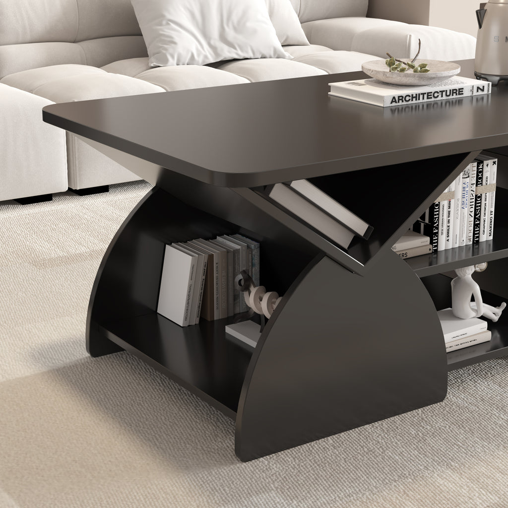 Detailed side view of engineered wood coffee table with geometric design and built-in storage for books and decor.