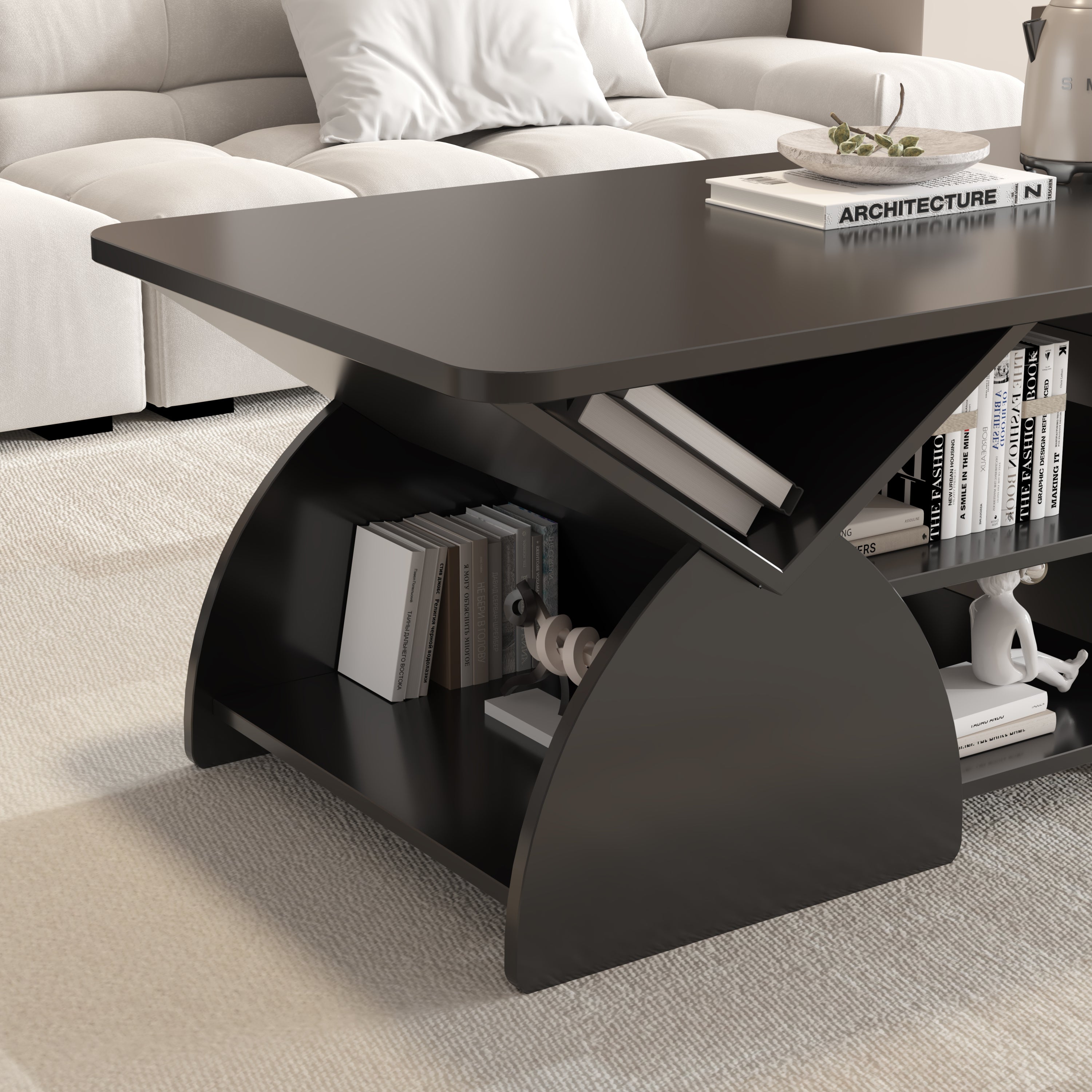 Detailed side view of engineered wood coffee table with geometric design and built-in storage for books and decor.