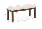 Contemporary Wood Finish Dining Bench with dimensions labeled, featuring 42-inch length and cushioned beige seat for stylish comfort.