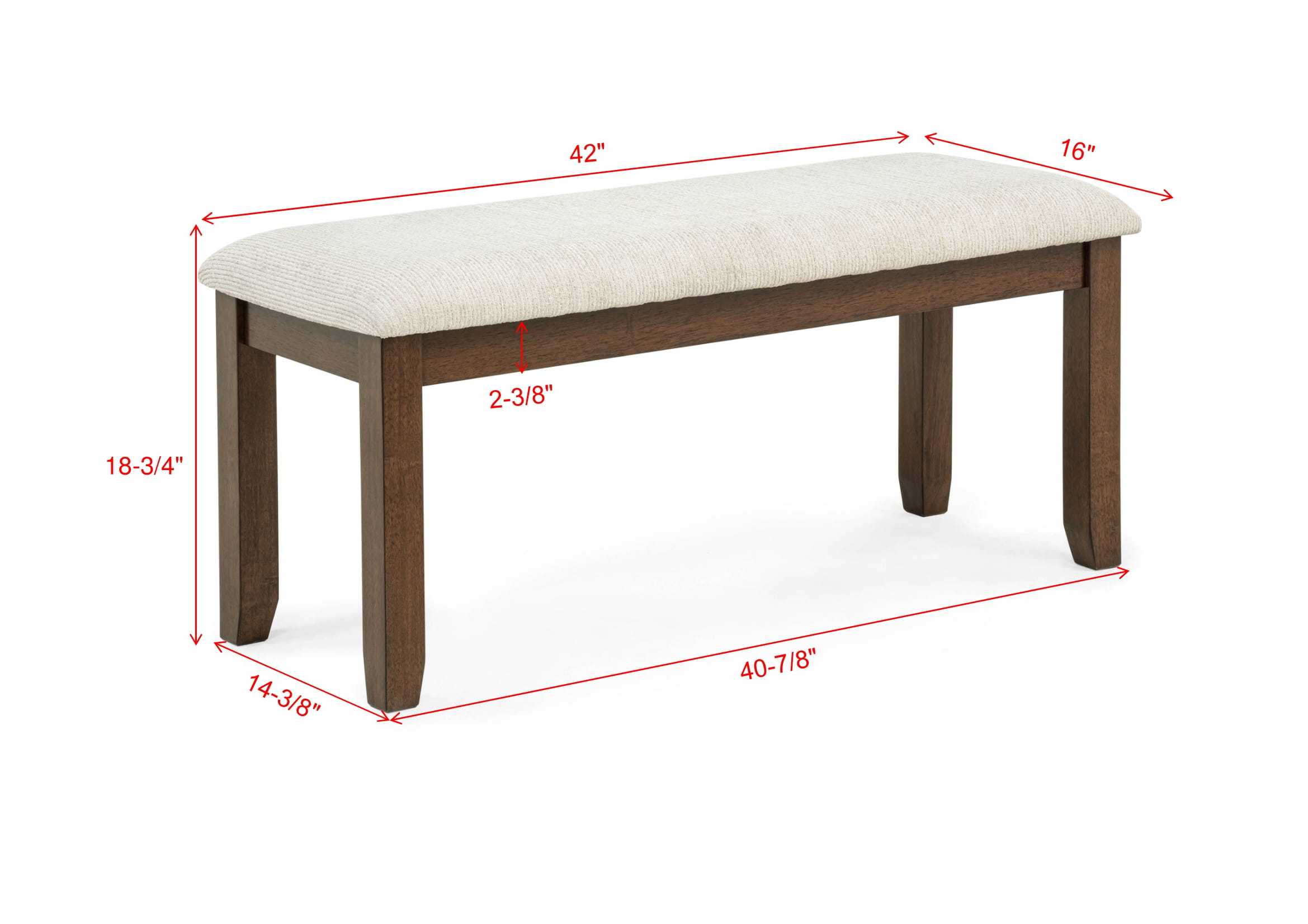 Contemporary Wood Finish Dining Bench with dimensions labeled, featuring 42-inch length and cushioned beige seat for stylish comfort.