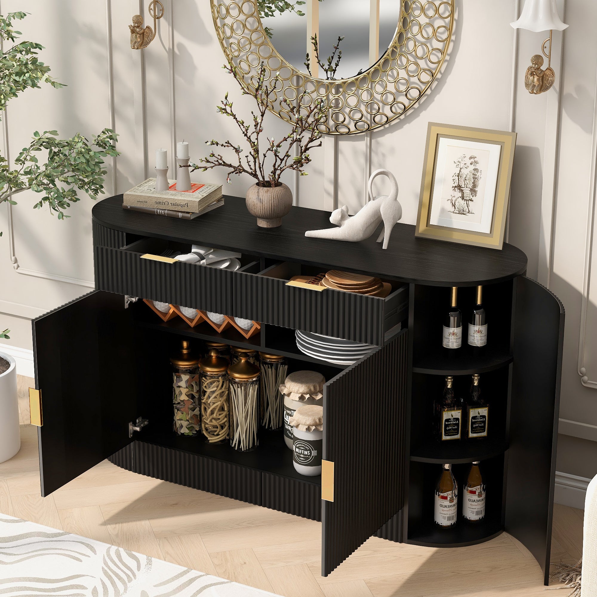 U_STYLE Storage Cabinet - Modern Design & Ample Space with open doors and drawers showcasing organized jars, dishes, and decor in a living room setting.