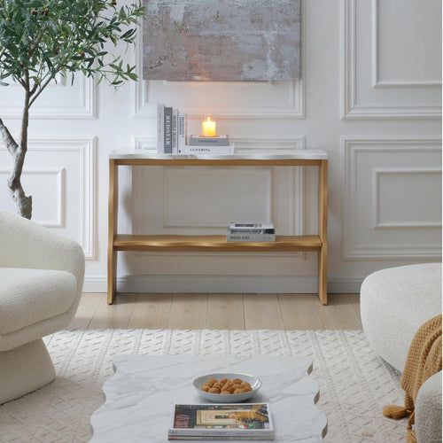 47.24' Whisper of Waves Modern Console Table w/ White Marble-Pattern Top, Solid Wood Veneered Sofa Table w/ Open Storage Shelf, Entryway Table for Living Room, Natural Wood