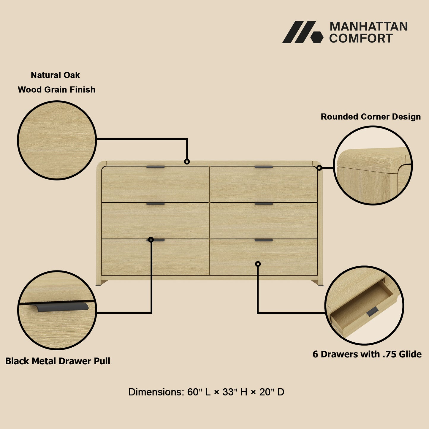 Grace 60" Dresser in Oak with close-up features including wood grain finish, black metal pulls, and rounded corners.
