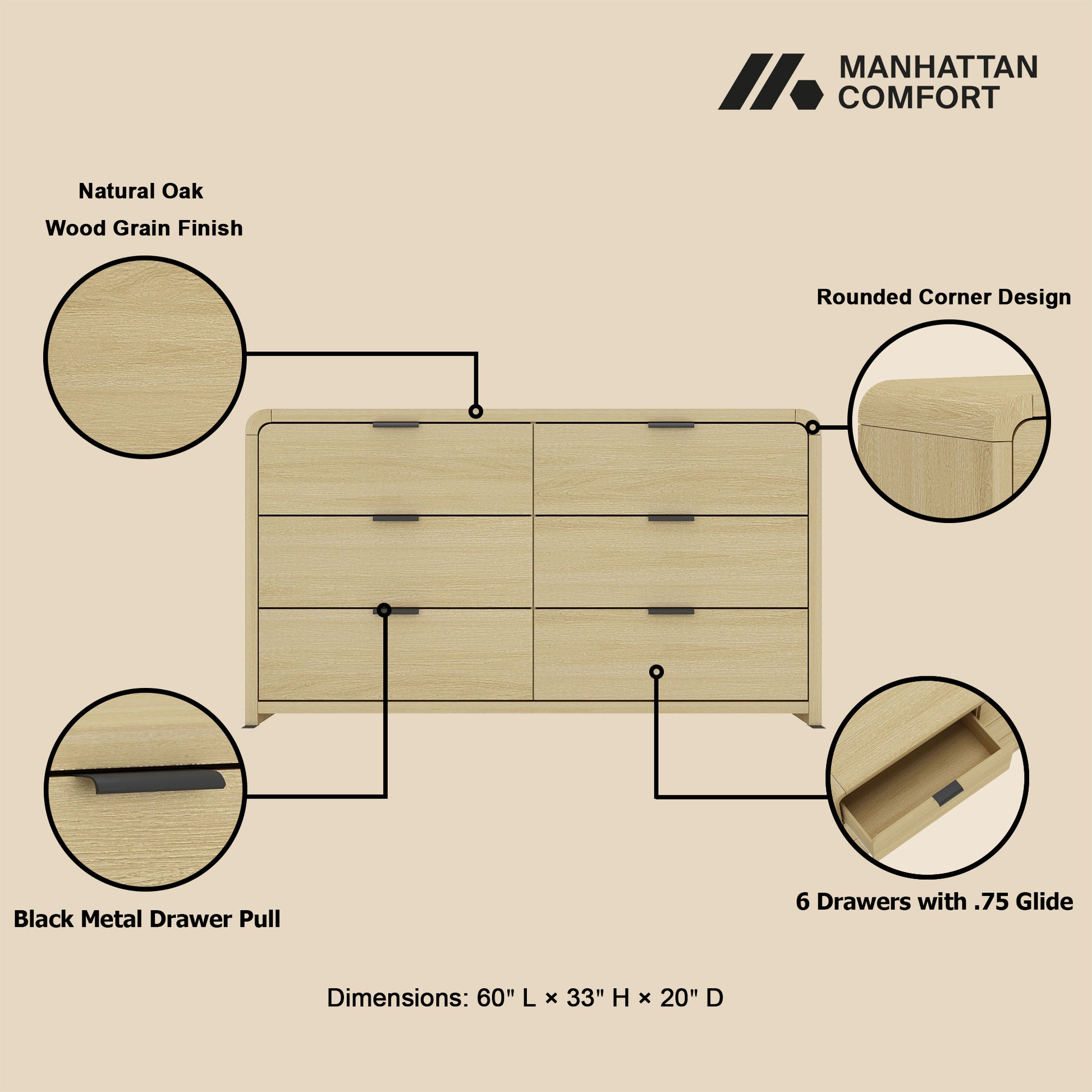Grace 60" Dresser in Oak with close-up features including wood grain finish, black metal pulls, and rounded corners.