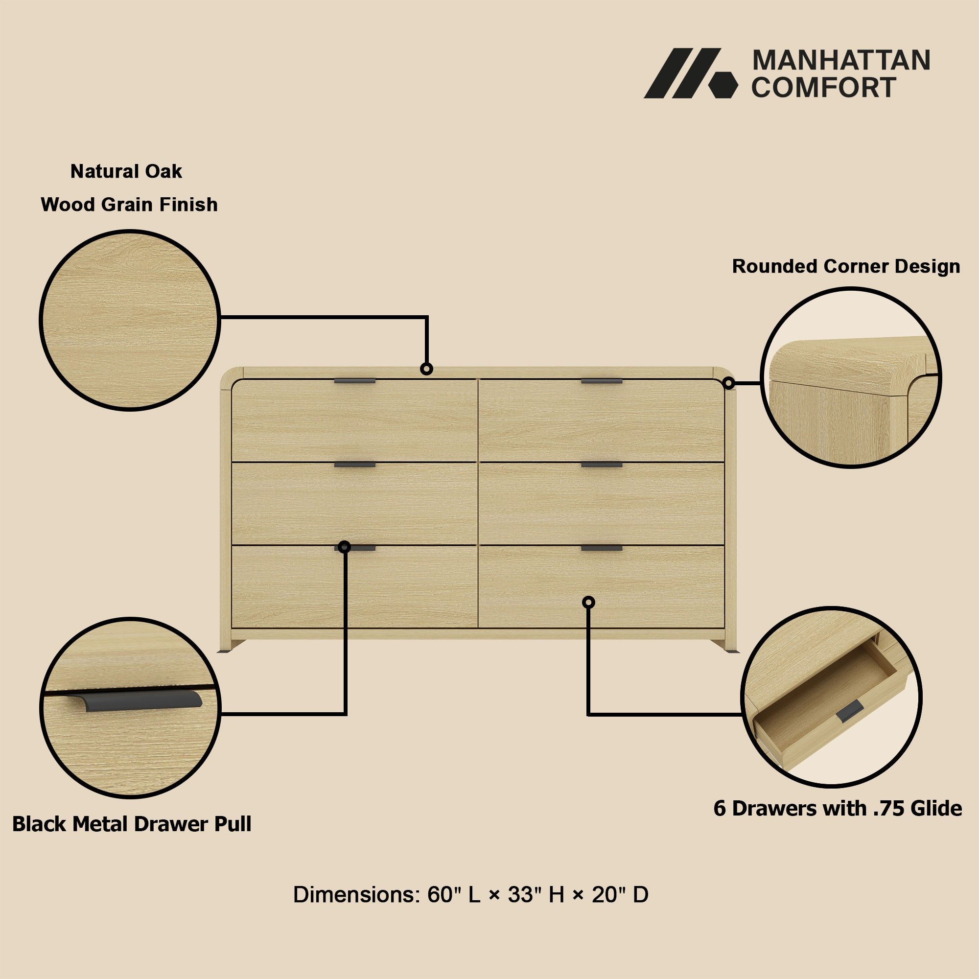 Grace 60" Dresser in Oak with close-up features including wood grain finish, black metal pulls, and rounded corners.