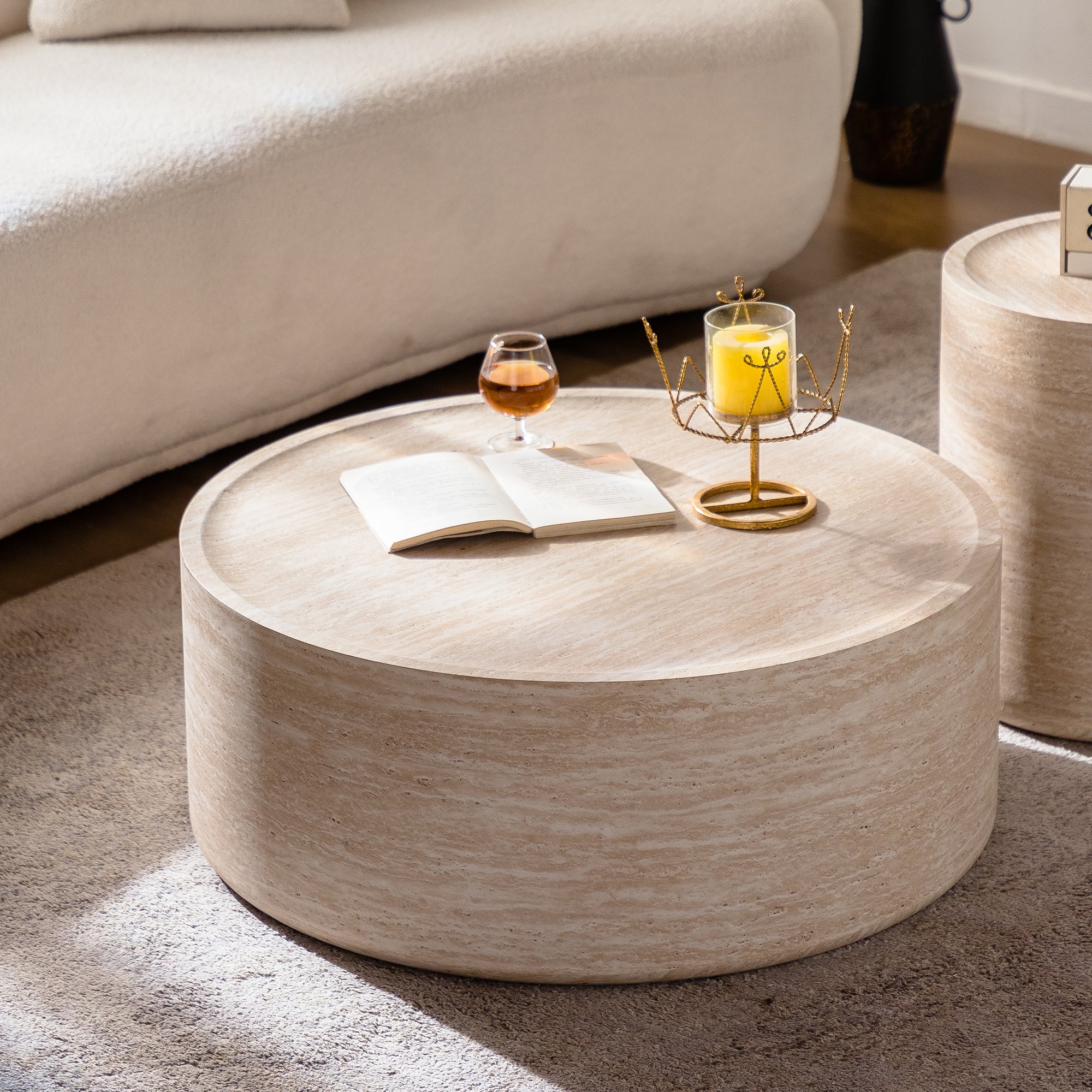 32-Inch Round Amber MDF Coffee Table with Modern Mars Pattern