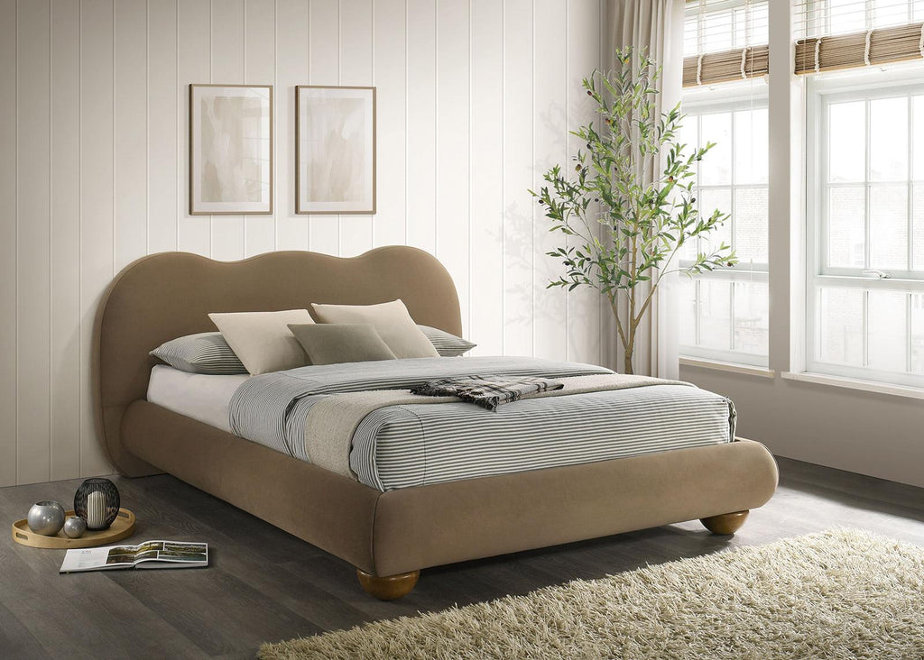 Eastern King Size Bed Boucle Upholstered in Brown.
