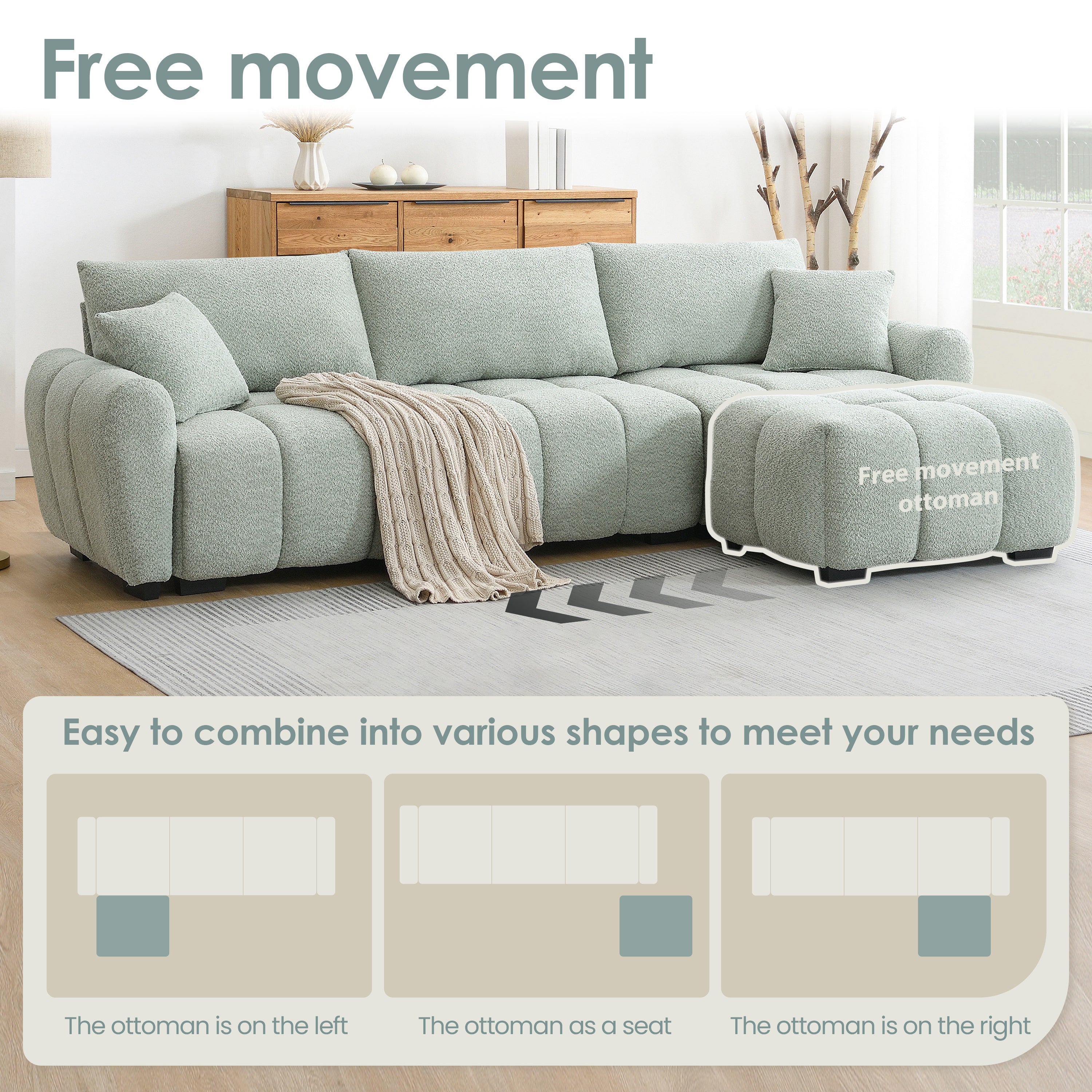 Modular sectional sofa with movable ottoman shown in three configurations for flexible seating arrangements and layout options.