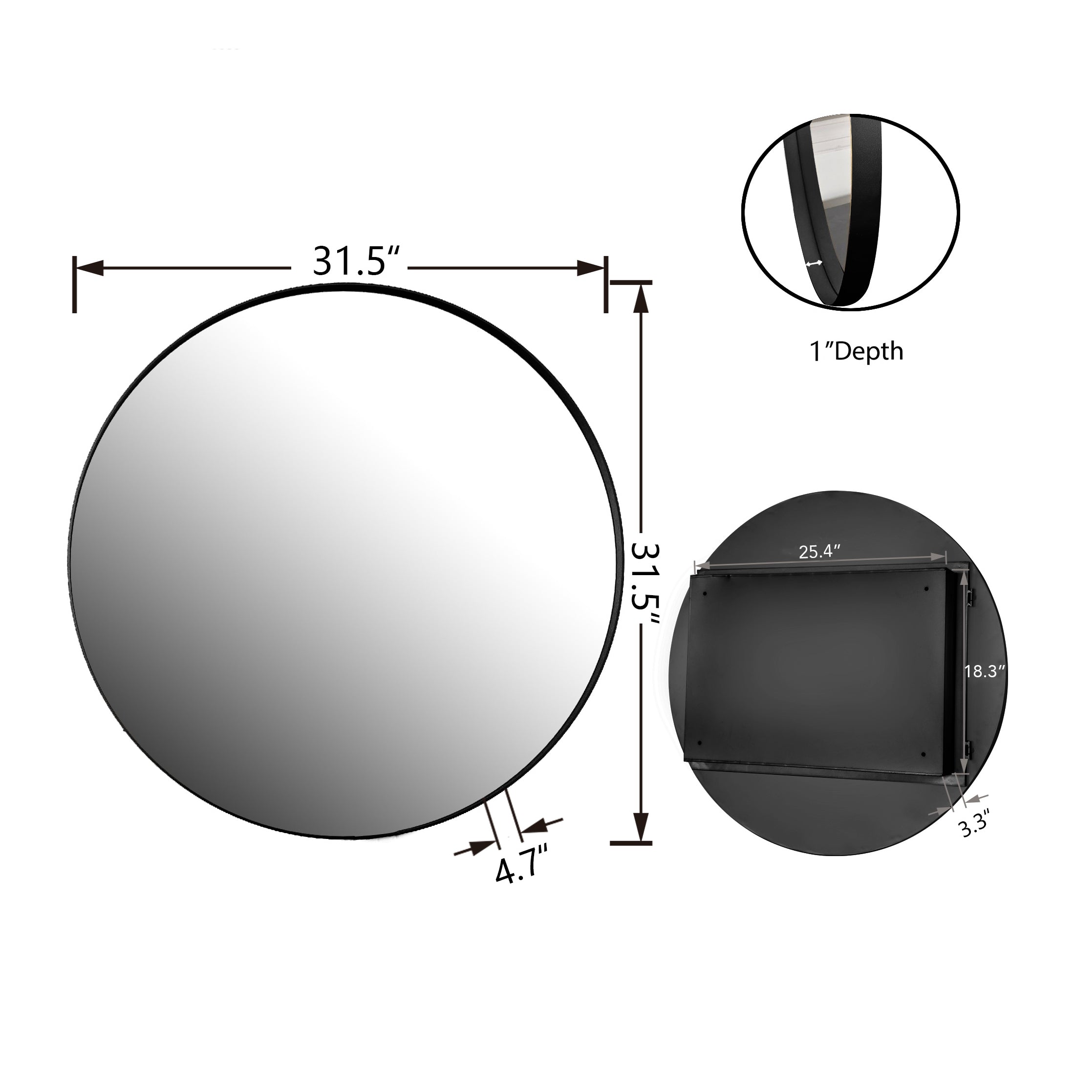 Dimensions of Round Black Metal Medicine Cabinet with Mirror showing 31.5-inch diameter and 4.7-inch depth with side view.