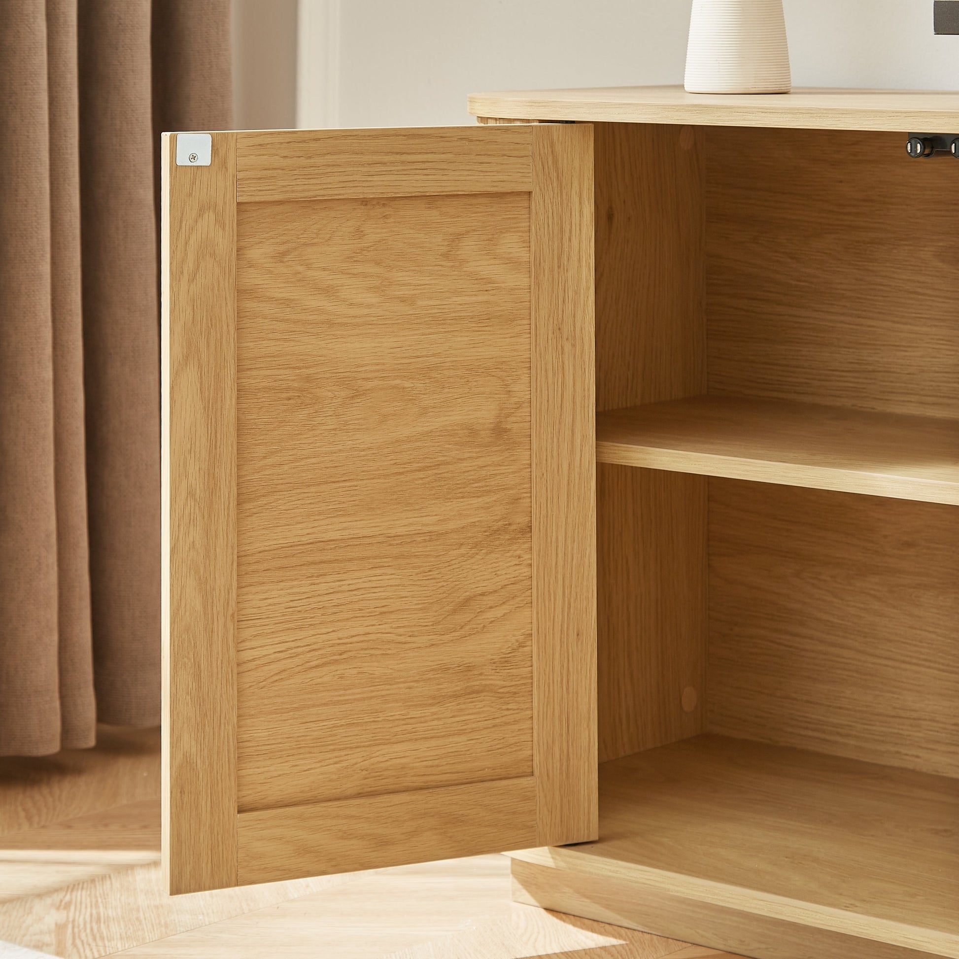 64-inch wave shaped TV stand, rounded corner sideboard, storage cabinet, buffet, wood vertical striped cabinet with rattan doors for kitchen/bedroom/entryway. Natural, 64''W x 15''D x 24''H