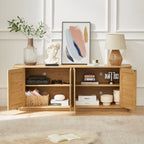 64-inch wave shaped TV stand, rounded corner sideboard, storage cabinet, buffet, wood vertical striped cabinet with rattan doors for kitchen/bedroom/entryway. Natural, 64''W x 15''D x 24''H