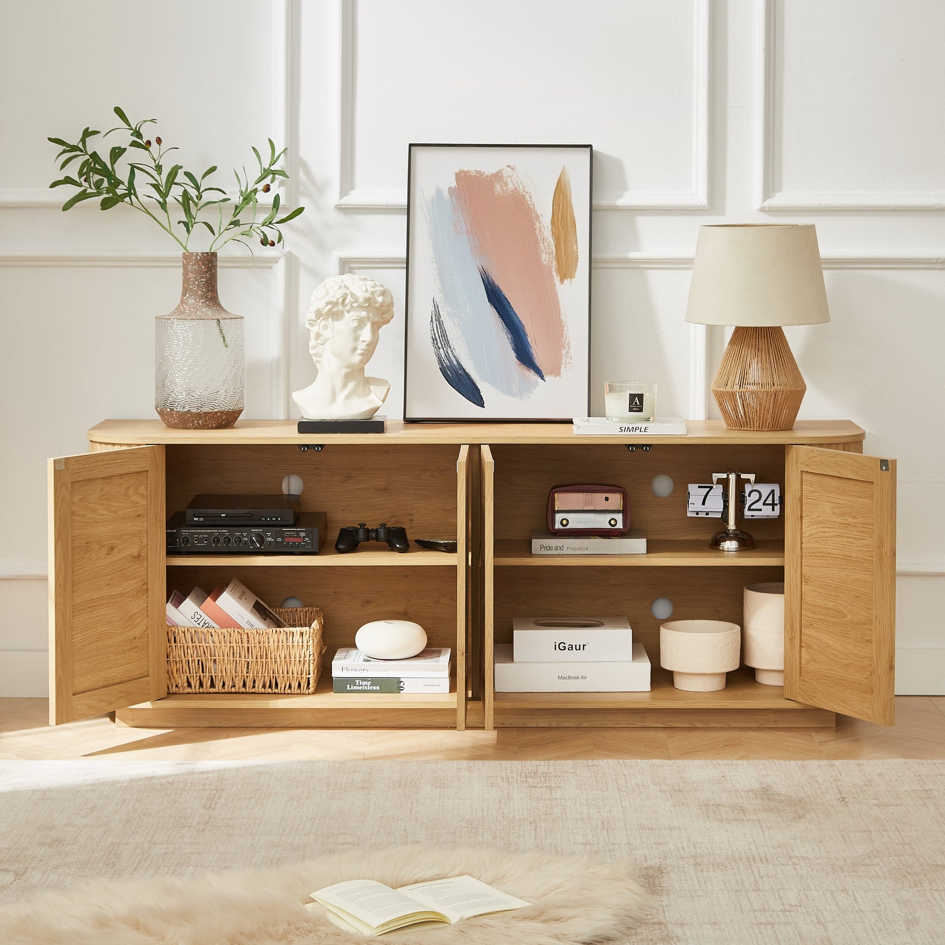 64-inch wave shaped TV stand, rounded corner sideboard, storage cabinet, buffet, wood vertical striped cabinet with rattan doors for kitchen/bedroom/entryway. Natural, 64''W x 15''D x 24''H