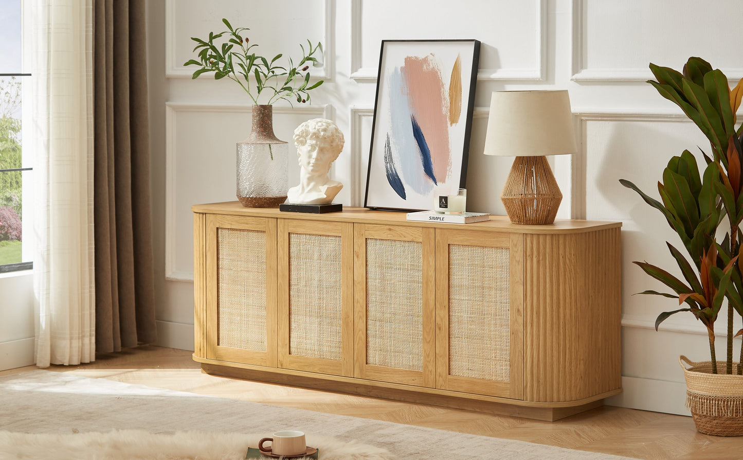 64-inch wave shaped TV stand, rounded corner sideboard, storage cabinet, buffet, wood vertical striped cabinet with rattan doors for kitchen/bedroom/entryway. Natural, 64''W x 15''D x 24''H