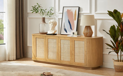 64-inch wave shaped TV stand, rounded corner sideboard, storage cabinet, buffet, wood vertical striped cabinet with rattan doors for kitchen/bedroom/entryway. Natural, 64''W x 15''D x 24''H