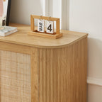 64-inch wave shaped TV stand, rounded corner sideboard, storage cabinet, buffet, wood vertical striped cabinet with rattan doors for kitchen/bedroom/entryway. Natural, 64''W x 15''D x 24''H