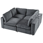Convertible modular sofa with storage and charging, arranged in a square layout with spacious seating and plush cushions in grey upholstery.