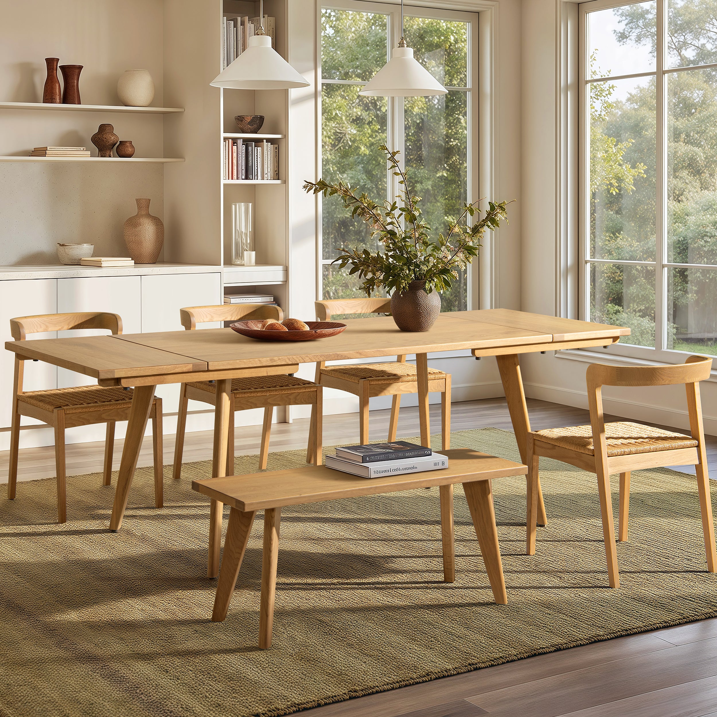 Solid red oak Capri 41.5' wood bench styled in a cozy dining space with oak chairs and table, perfect for kitchen or dining room seating.