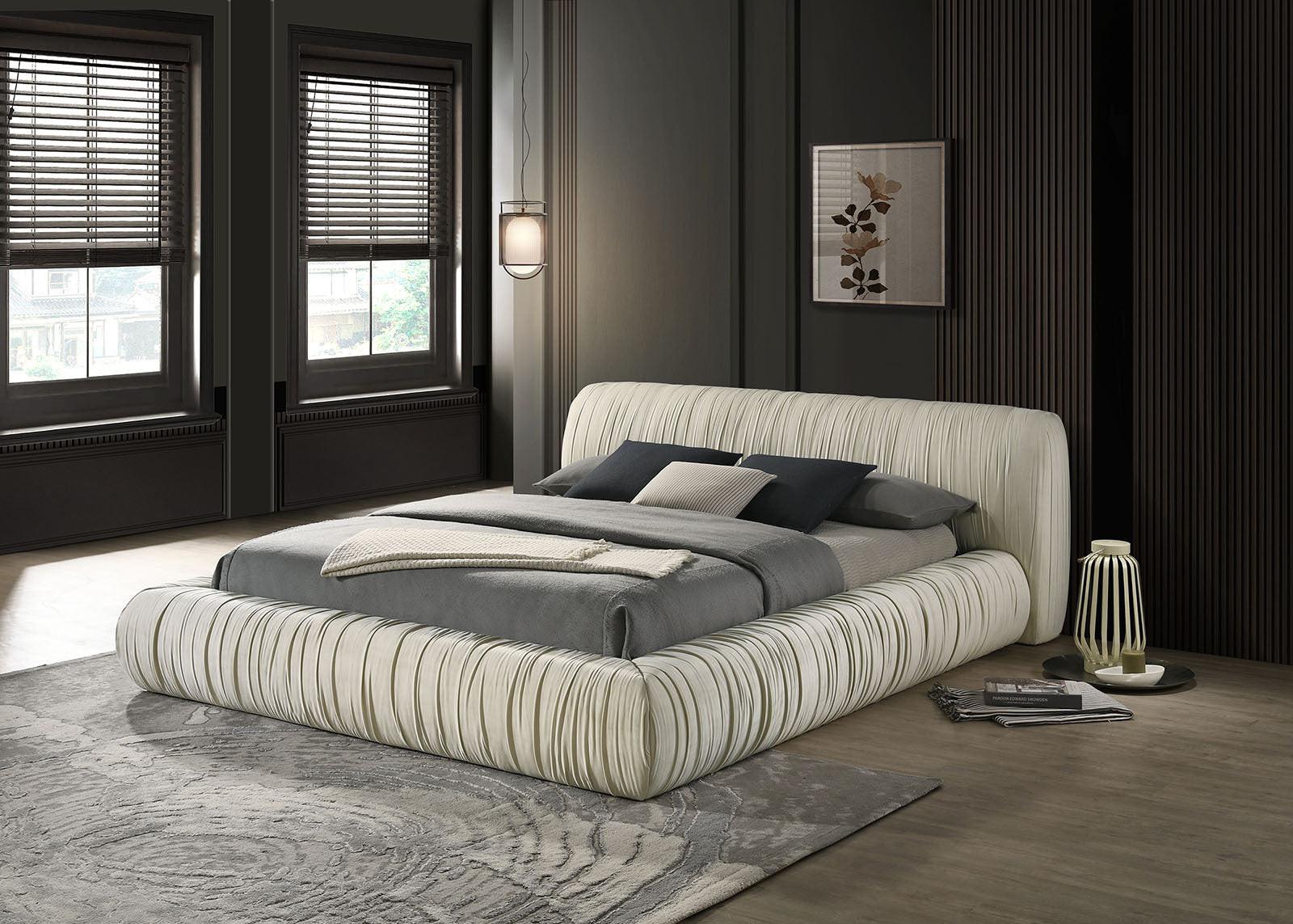Ivory Pleated Upholstered Queen Size Bed for Bedrooms.