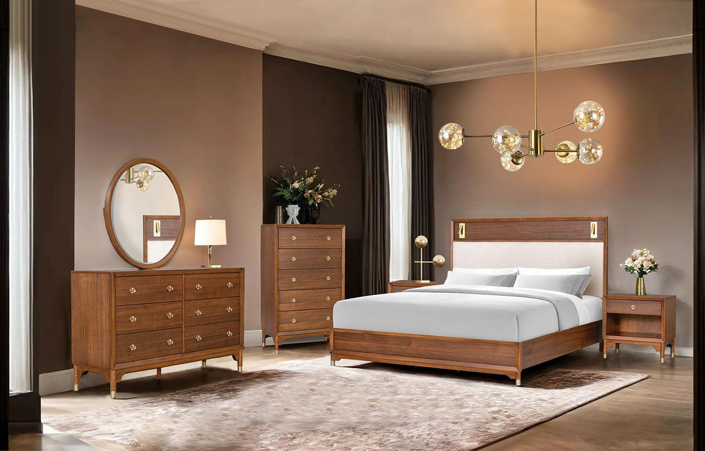 Walnut 6-Drawers Dresser with Gold-Capped Legs.