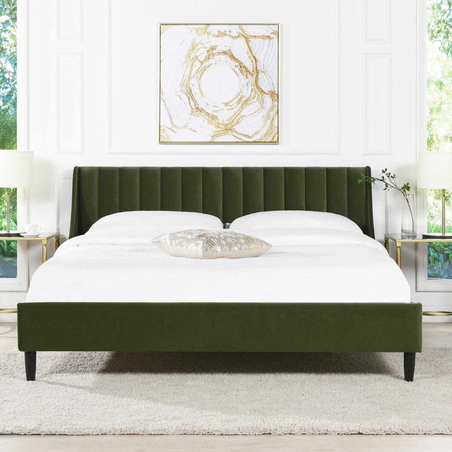 Front view of Aspen Olive Green Velvet King Bed Set in a bright bedroom, showcasing its modern platform design and tufted headboard.