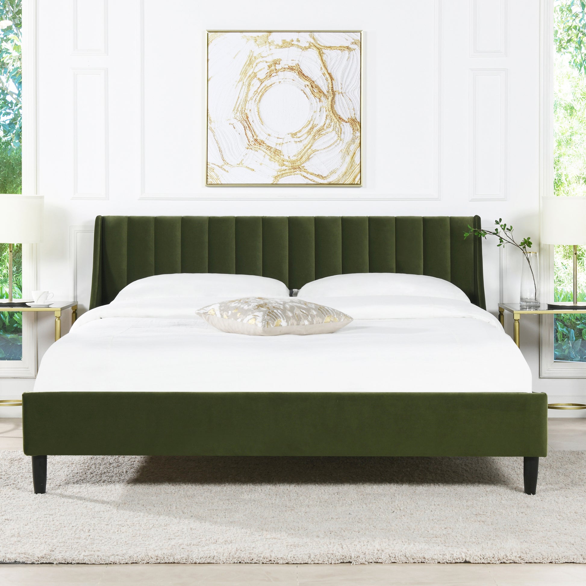 Front view of Aspen Olive Green Velvet King Bed Set in a bright bedroom, showcasing its modern platform design and tufted headboard.
