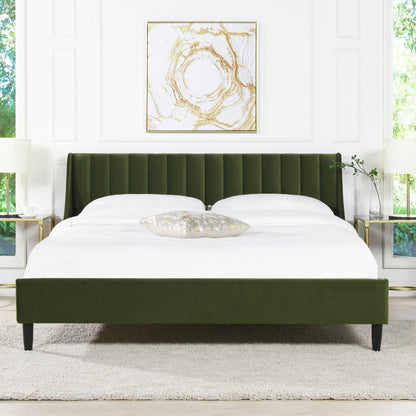 Front view of Aspen Olive Green Velvet King Bed Set in a bright bedroom, showcasing its modern platform design and tufted headboard.