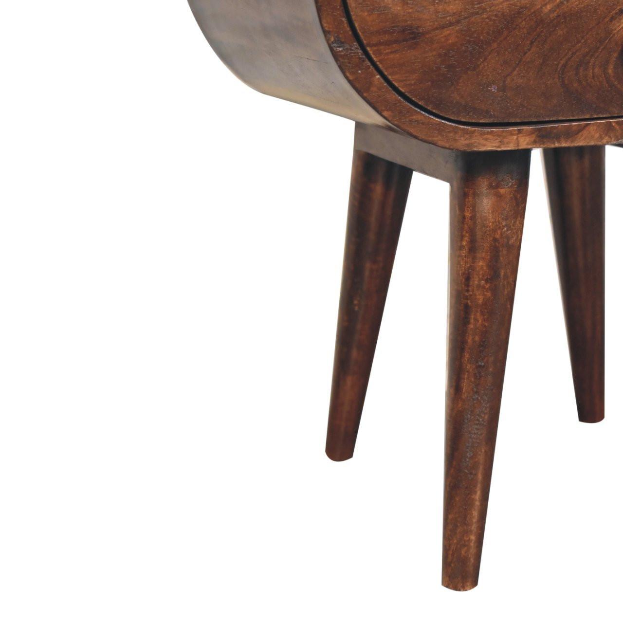 Solid Wood California Walnut Circular Bedside with 1-Drawer, Open Slot, Nordic Legs, Dark Brown.