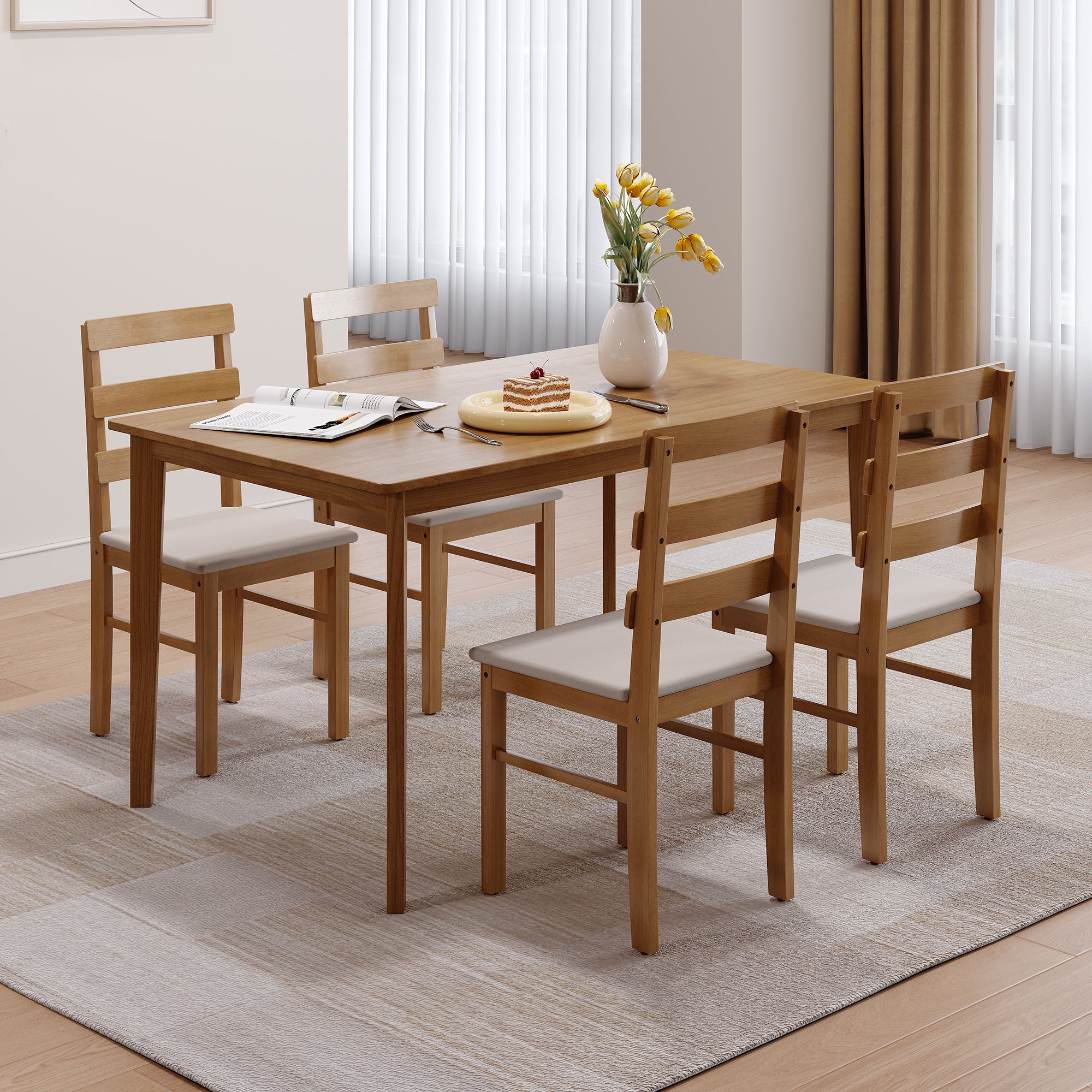Solid wood dining table set with 4 chairs placed in a bright dining room. Features ergonomic design and natural wood tones.
