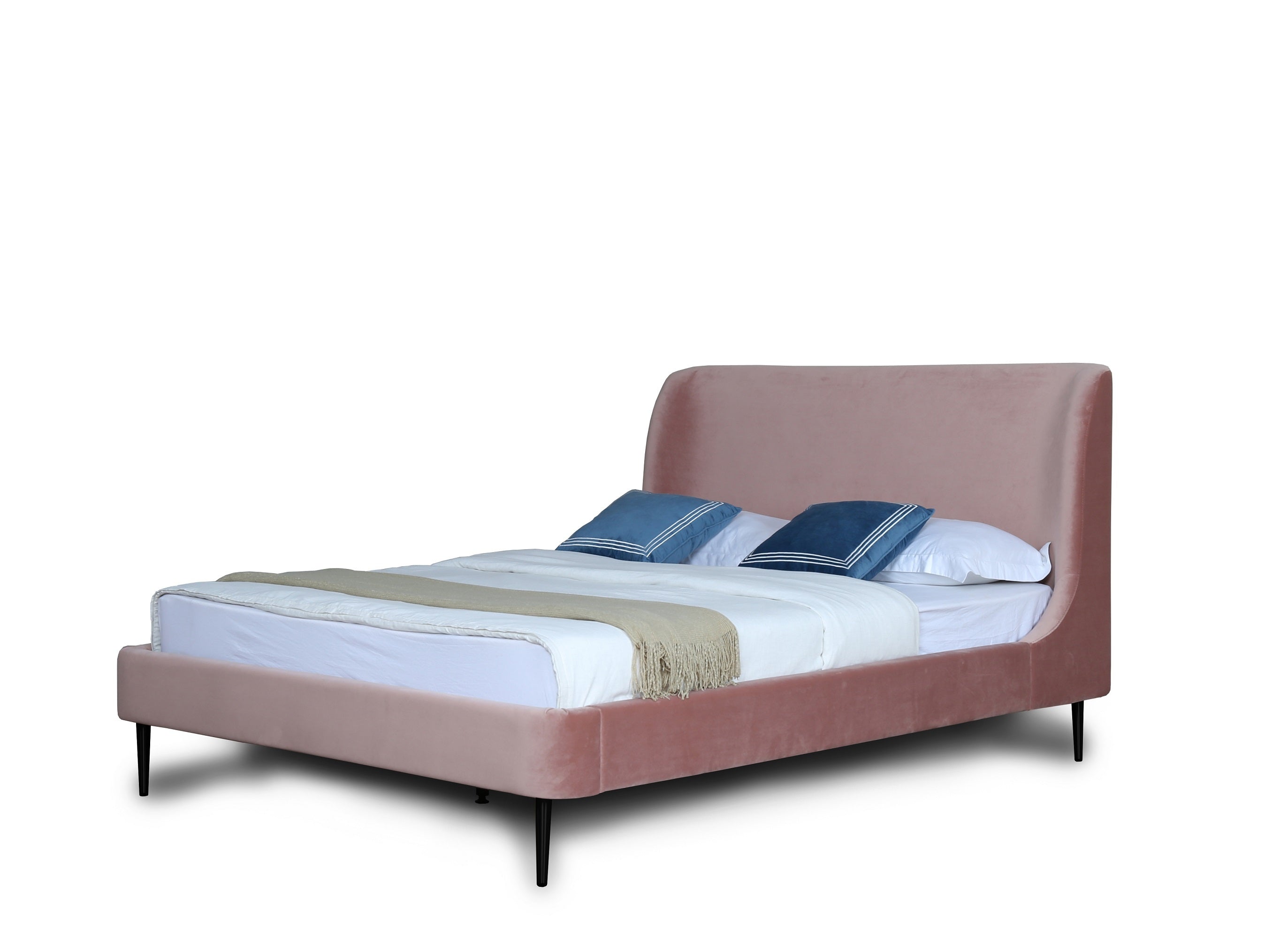 Mid-Century Modern full bed in blush velvet with black metal legs, featuring a low-profile design and curved headboard. Solid wood frame, no box spring needed.