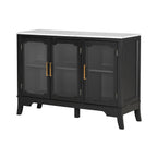 Angled view of large black and white storage cabinet with three glass doors and gold handles, featuring adjustable interior shelving.