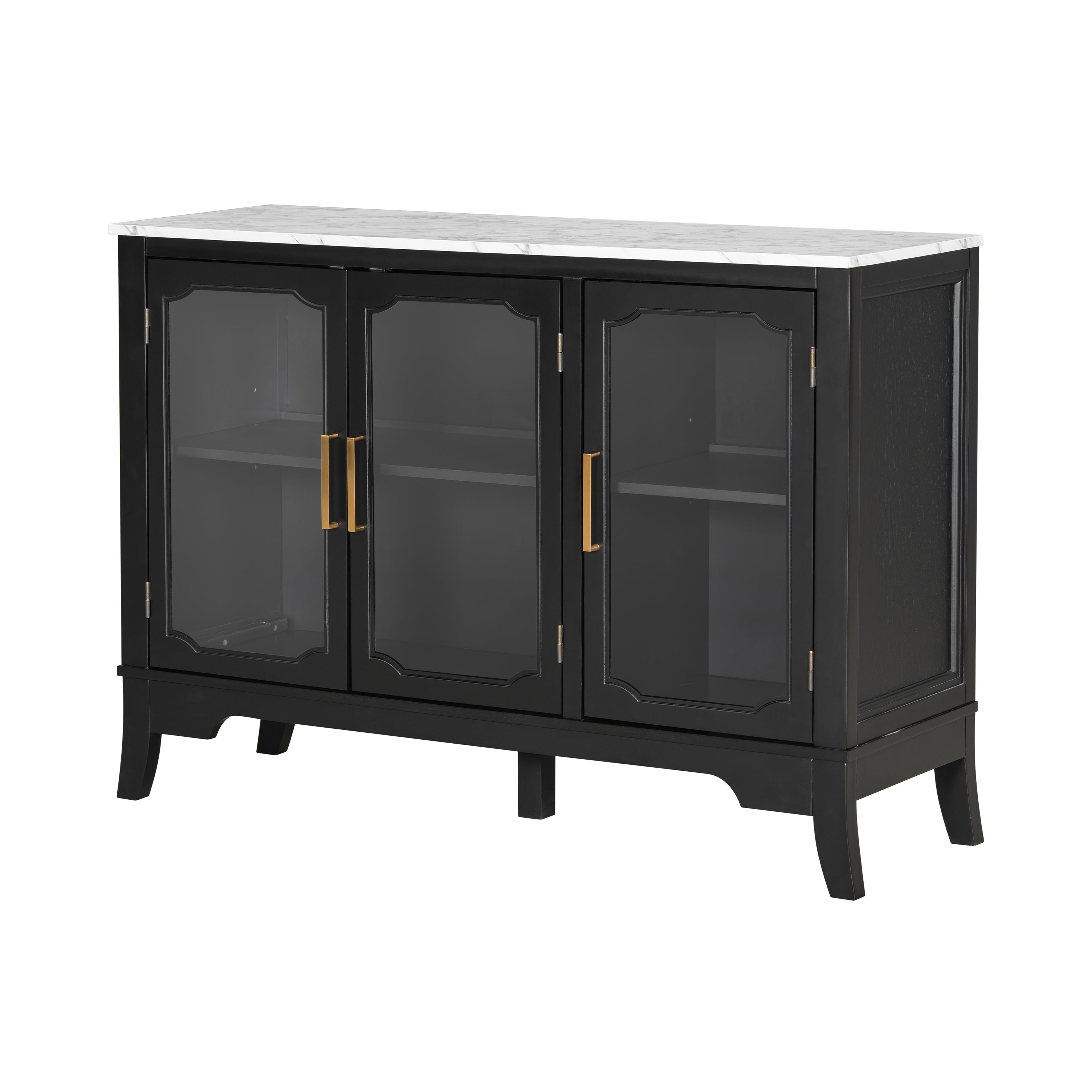 Angled view of large black and white storage cabinet with three glass doors and gold handles, featuring adjustable interior shelving.