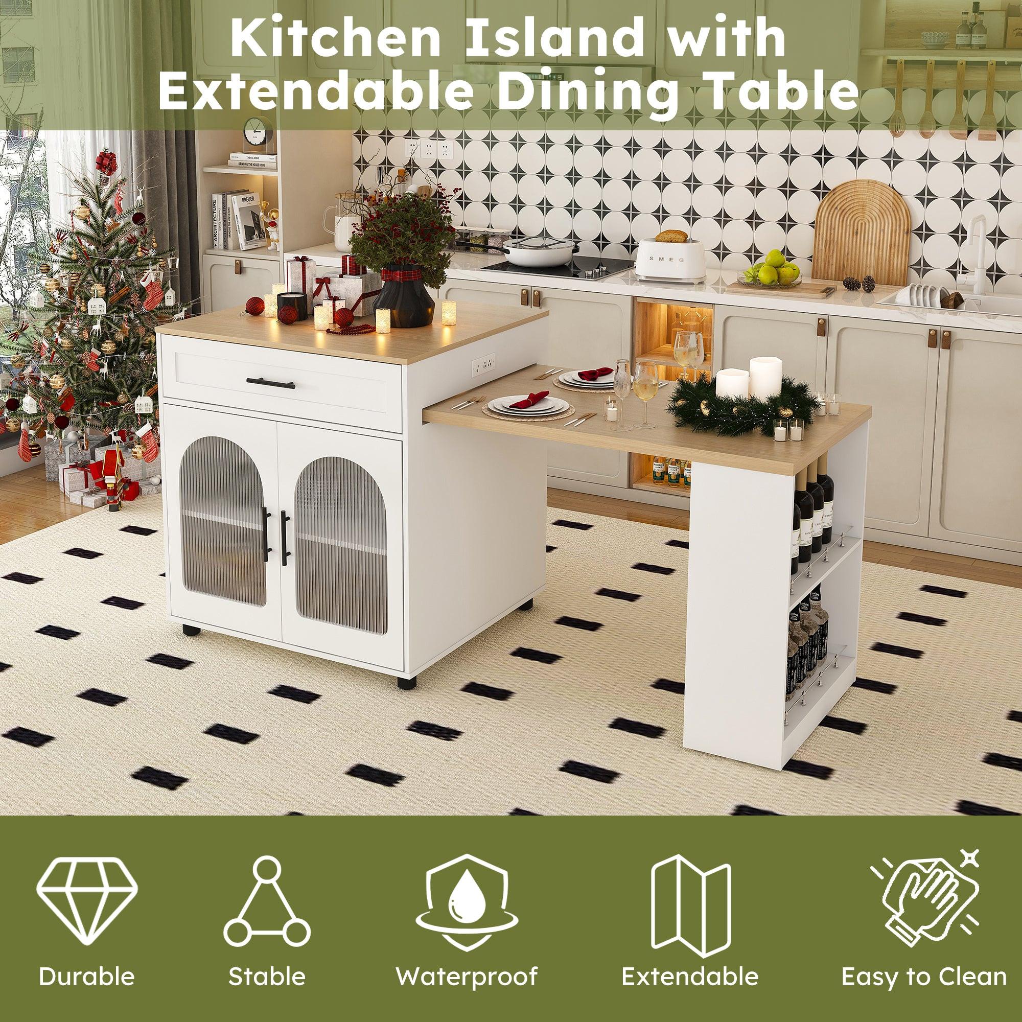 Expandable Kitchen Island with Dining Table & Power Outlet.