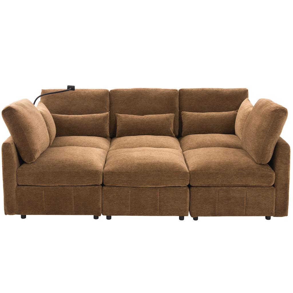Modern brown chenille modular sectional sofa with plush cushions, USB port, and phone holder.